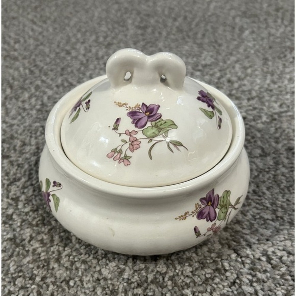 Ceramic Covered Candy‎ Dish Made In England Purple Floral With Lid Hand Painted